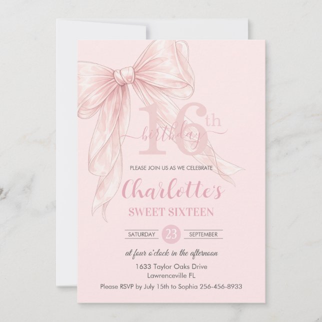 Convite Arco de Fita Rosa Coquette Blush para 16º Aniversá (Frente)