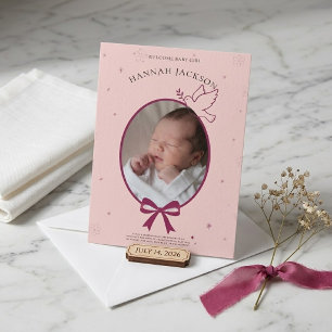 Convite Arco de Fita Rosa Vintage Oval Foto Bebê Menina