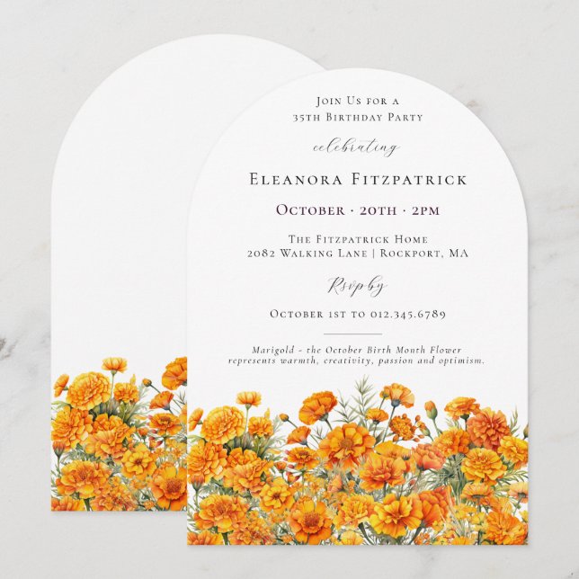 Convite Arco de Flor de Marigold para Aniversário de 35 An (Frente/Verso)