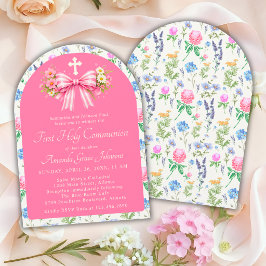 Convite Arco de Flor Silvestre Rosa para a Primeira Comunh