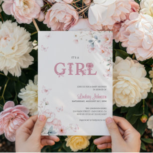 Convite Arco de Floral Pastel Rosa É uma Menina Chá de Beb