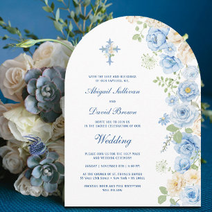 Convite Arco de Flores Azuis e Marfim Casamento Religioso