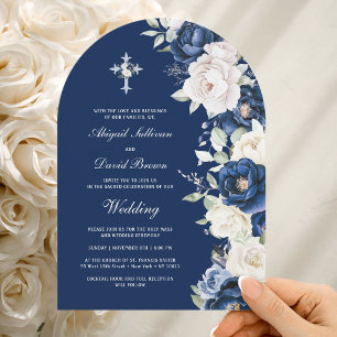 Convite Arco de Flores Brancas Azul Meia-Noite Casamento R