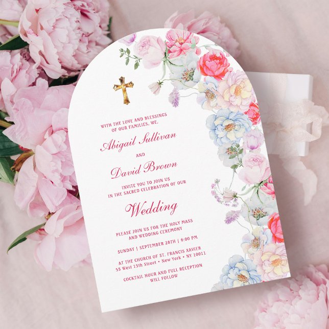 Convite Arco de Flores de Aquarela Casamento Religioso (Criador carregado)