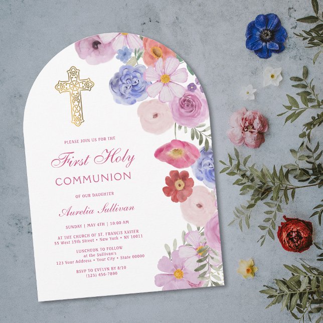 Convite Arco de Flores de Aquarela para Primeira Comunhão (Criador carregado)