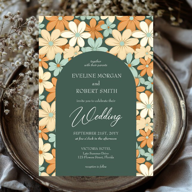Convite Arco de flores de creme amarelo pálido de marfim-r (retro groovy ivory dusty orange cream flowers boho arch wedding invitation)