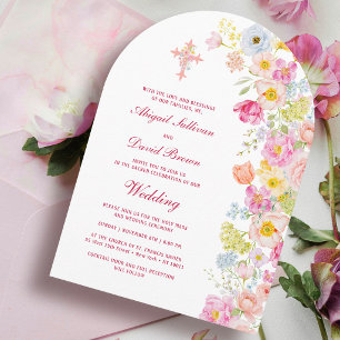 Convite Arco de Flores Pastéis Vibrantes Casamento Religio