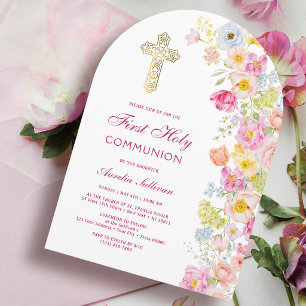 Convite Arco de Flores Pastel Vibrante Primeira Comunhão