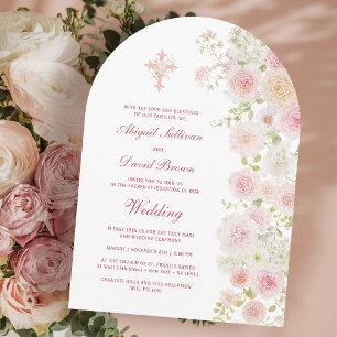 Convite Arco de Flores Rosa e Bege Casamento Religioso