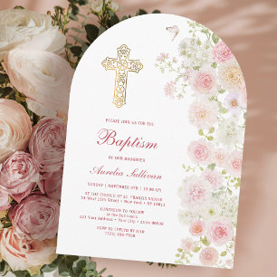 Convite Arco de Flores Rosa e Pêssego Batismo