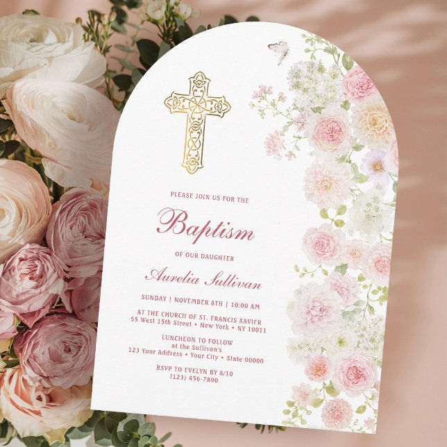 Convite Arco de Flores Rosa e Pêssego Batismo (Criador carregado)