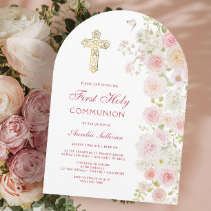 Convite Arco de Flores Rosa e Pêssego para Primeira Comunh