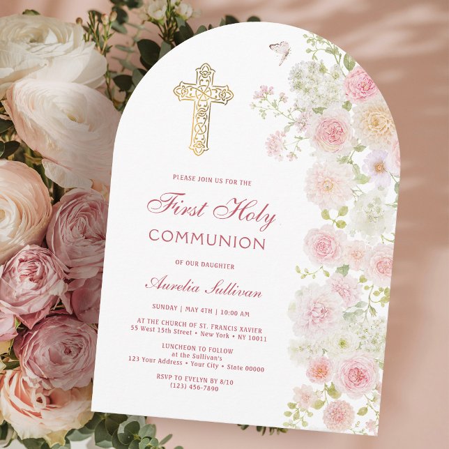 Convite Arco de Flores Rosa e Pêssego para Primeira Comunh (Criador carregado)