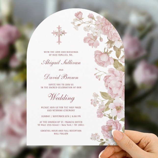 Convite Arco de Flores Rosadas Casamento Religioso (Criador carregado)