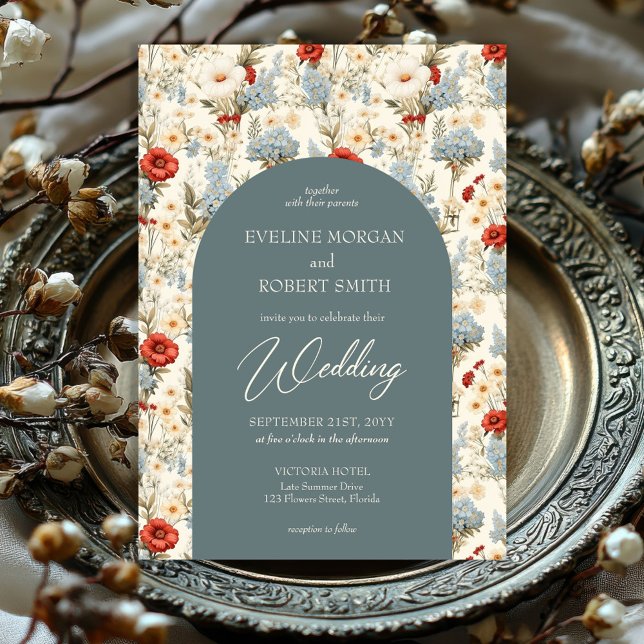 Convite Arco de flores silvestres boho, azul empoeirado e  (popular watercolor dusty blue and terracotta wild flowers wedding invitation)