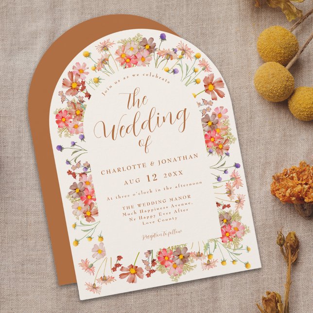 Convite Arco de Flores Silvestres de Outono Boho em Laranj (Boho fall Wildflower arch burnt orange Wedding invitation watercolor rustic dried flowers)