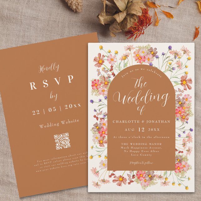 Convite Arco de Flores Silvestres de Outono Boho em Laranj (Boho fall Wildflower arch burnt orange terracotta Wedding invitation autumnal dried flowers)