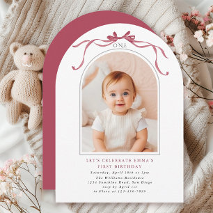 Convite Arco de Foto de Aniversário de 1 Ano de Menina com