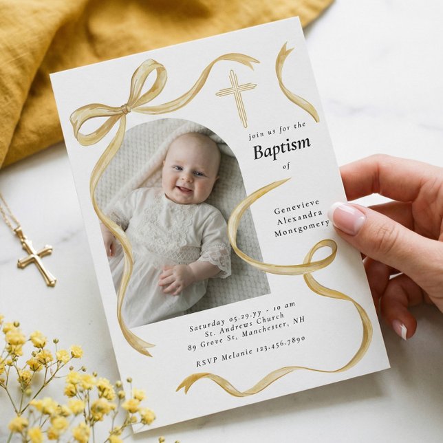 Convite Arco de Foto de Batismo de Bebê com Laço Amarelo E (Elegant Yellow Bow Baptism Baby Photo Arch Cross Invitation)