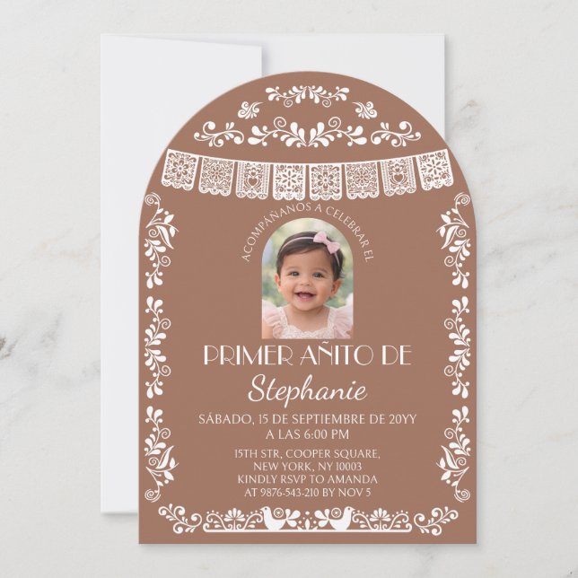 Convite Arco de Foto de Menina do Primer Añito de Terracot (Frente)