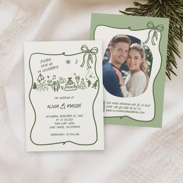 Convite Arco de Frame de Porteiro Desenhado à Mão Sage Win (HAND DRAWN winter wedding squiggle frame bow doodle illustration sage green qr code)