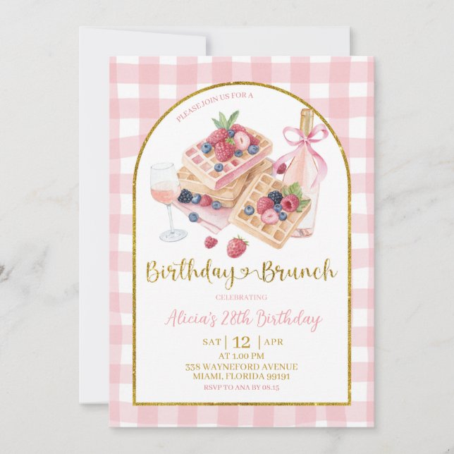 Convite Arco de Gingham Rosa Coquette Waffle Aniversário B (Frente)