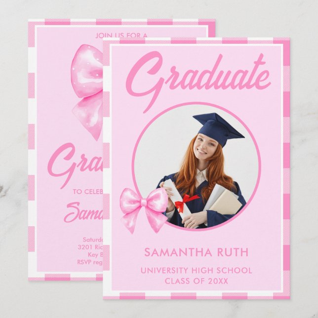 Convite Arco de Gingham Rosa Desenhado à Mão Foto de Forma (Frente/Verso)