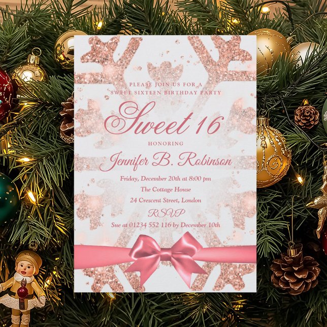 Convite Arco de Glitter de Inverno em Rose Gold para Doçur (Rose Gold Winter Glitter Bow Sweet 16 Birthday Invitation)
