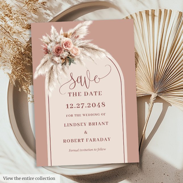 Convite Arco de Grama de Pampas Rosa Empoeirado Romântico  (Romantic Dusty Pink Pampas Grass Arch Save the Date)
