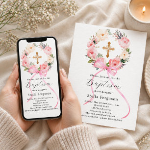 Convite Arco de grinalda floral rosa cruz menina batismo