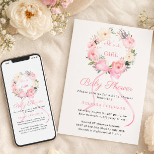 Convite Arco de grinalda floral rosa para chá de bebê meni