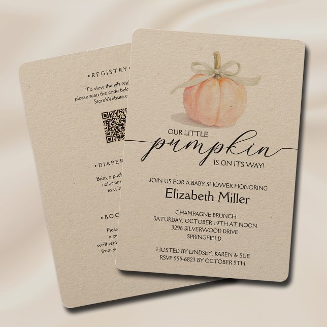 Convite Arco De Ivory Pequeno Chá de fraldas De Abóbora Tu (Ivory ribbon bow little pumpkin gender neutral baby shower all in one invitations on kraft paper)