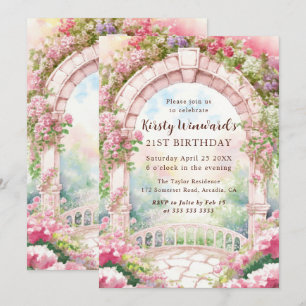 Convite Arco de Jardim Inglês Rosa Aquarela para Aniversár