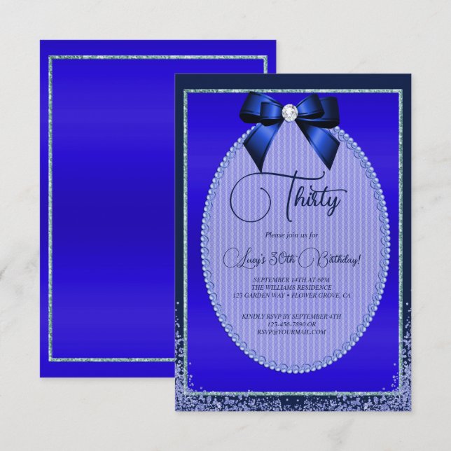 Convite Arco de Joia Azul Elegante e Aniversário Glitter (Frente/Verso)