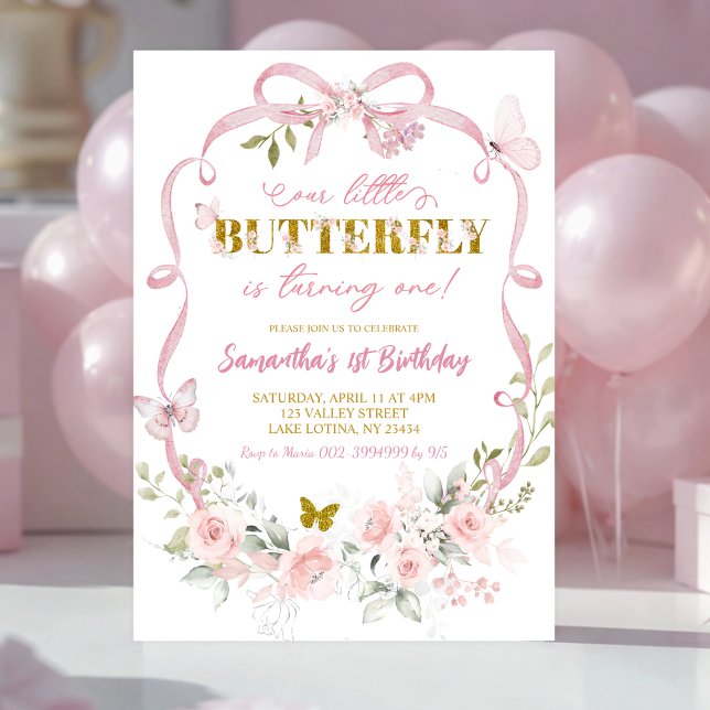 Convite Arco de laço rosa Coquette Borboleta Aniversário d (Criador carregado)