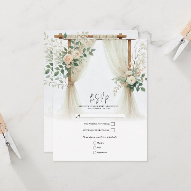 Convite Arco de Madeira Floral com Rosas e Folhagens RSVP  (Frente/Verso In Situ)