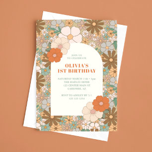 Convite Arco de Margaridas Vintage para 1º Aniversário
