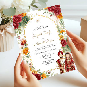 Convite Arco de Marigold e Rosas Vermelhas Floral Casament
