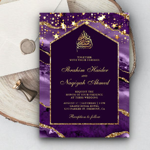 Convite Arco de Mármore Dourado Roxo Real Casamento Muçulm