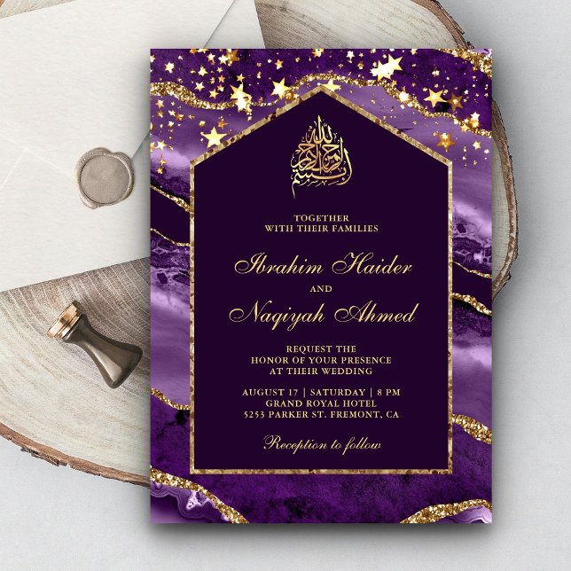 Convite Arco de Mármore Dourado Roxo Real Casamento Muçulm (Criador carregado)