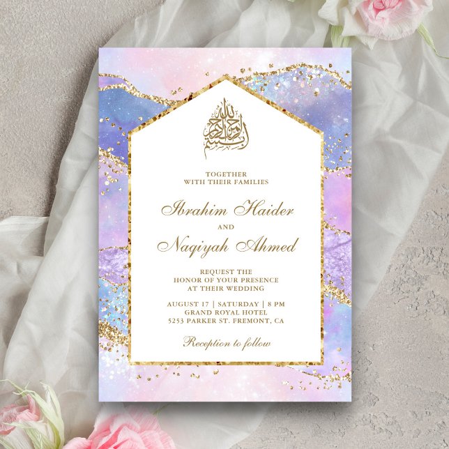 Convite Arco de Mármore Lavanda Pastel Casamento Muçulmano (Criador carregado)