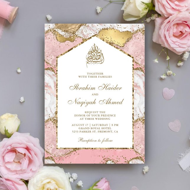 Convite Arco de Mármore Rosa Bege Dourado Casamento Muçulm (Criador carregado)