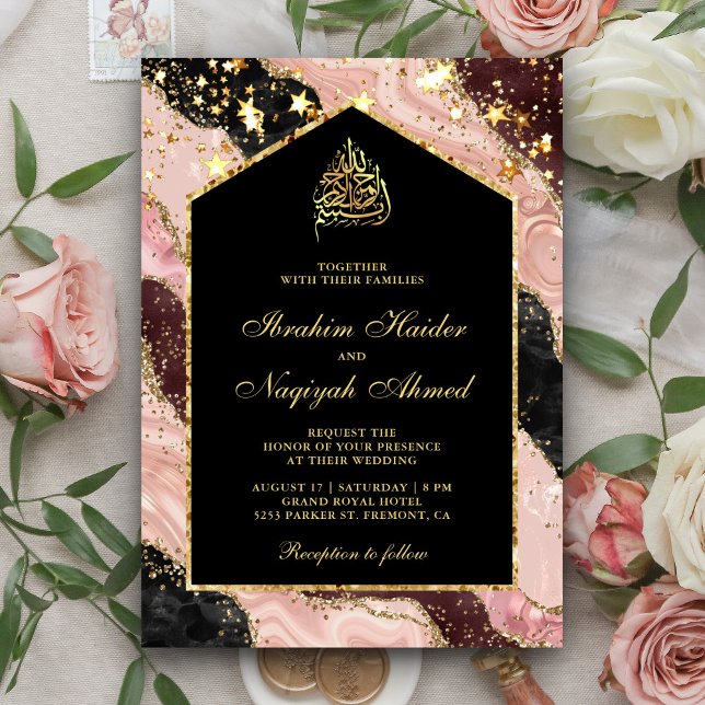 Convite Arco de Mármore Rosa Bege Preto Dourado Casamento  (Criador carregado)