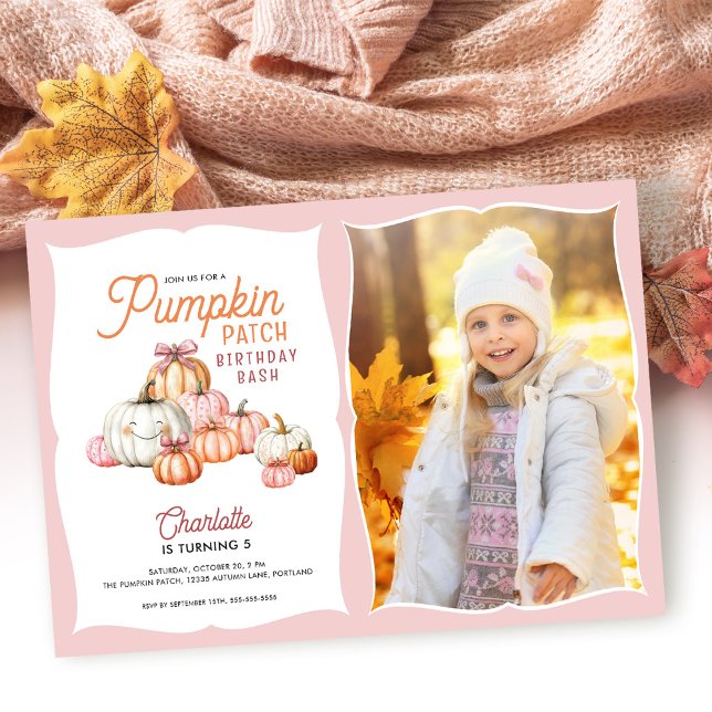 Convite Arco de Menina no Patch de Abóbora Foto Aniversári (Criador carregado)