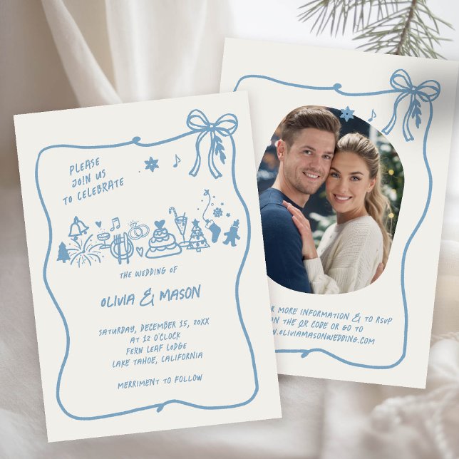 Convite Arco de Moldura de Portas Desenhado à Mão Azul QR  (winter wedding invitation frozen blue doodle hand drawn illustration bow squiggle whimsical qr photo)