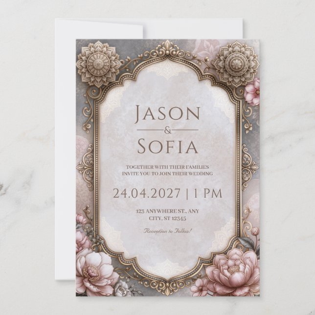 Convite Arco de Moldura Mandala Rosa Casamento (Frente)
