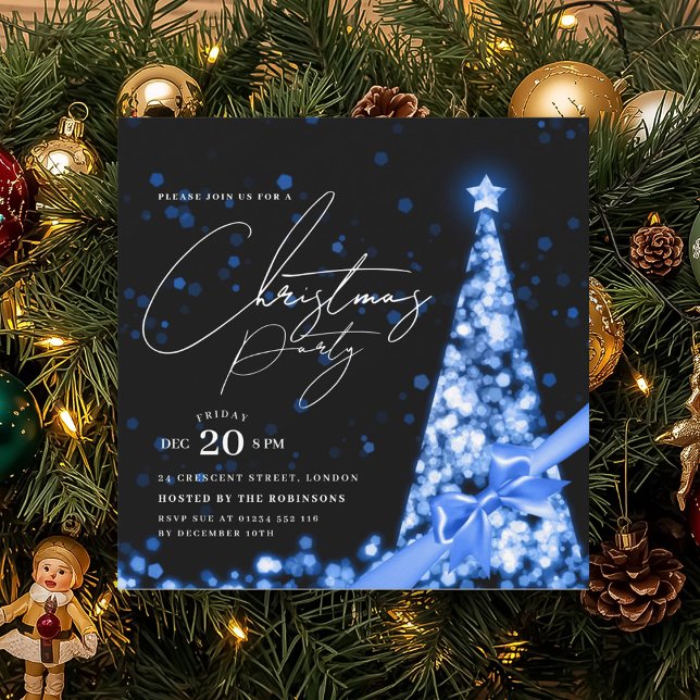Convite Arco de Natal de Inverno Azul MODERNO Festa  (MODERN Blue Winter Christmas Tree Bow Party Invitation)