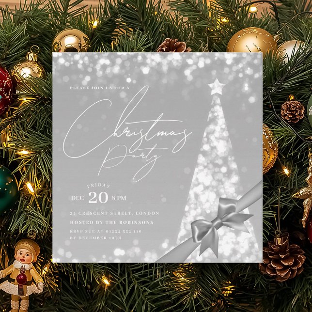 Convite Arco de Natal de Inverno Prateado MODERNO Festa  (MODERN Silver Winter Christmas Tree Bow Party Invitation)