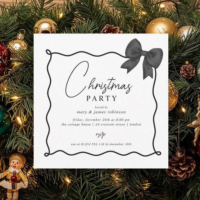 Convite Arco de Natal - Festa Whimsical Black (Christmas Holiday Party Whimsical Black Bow Invitation)