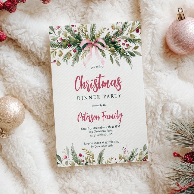 Convite Arco de Natal Grandmillennial Laço Coquete Rosa (Pink Coquette Bow Grandmillennial Christmas Wreath Invitation)